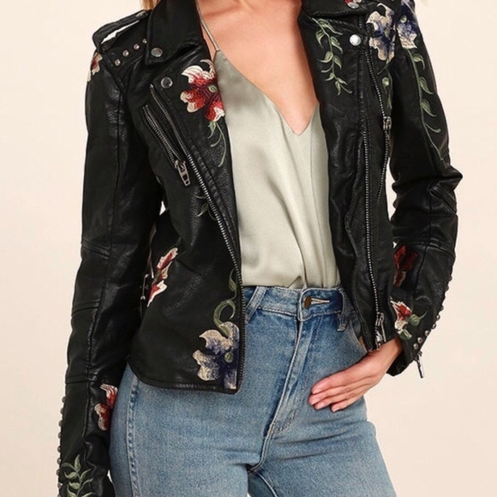 Blank NYC Vegan Floral Embroidered Moto Jacket Sm